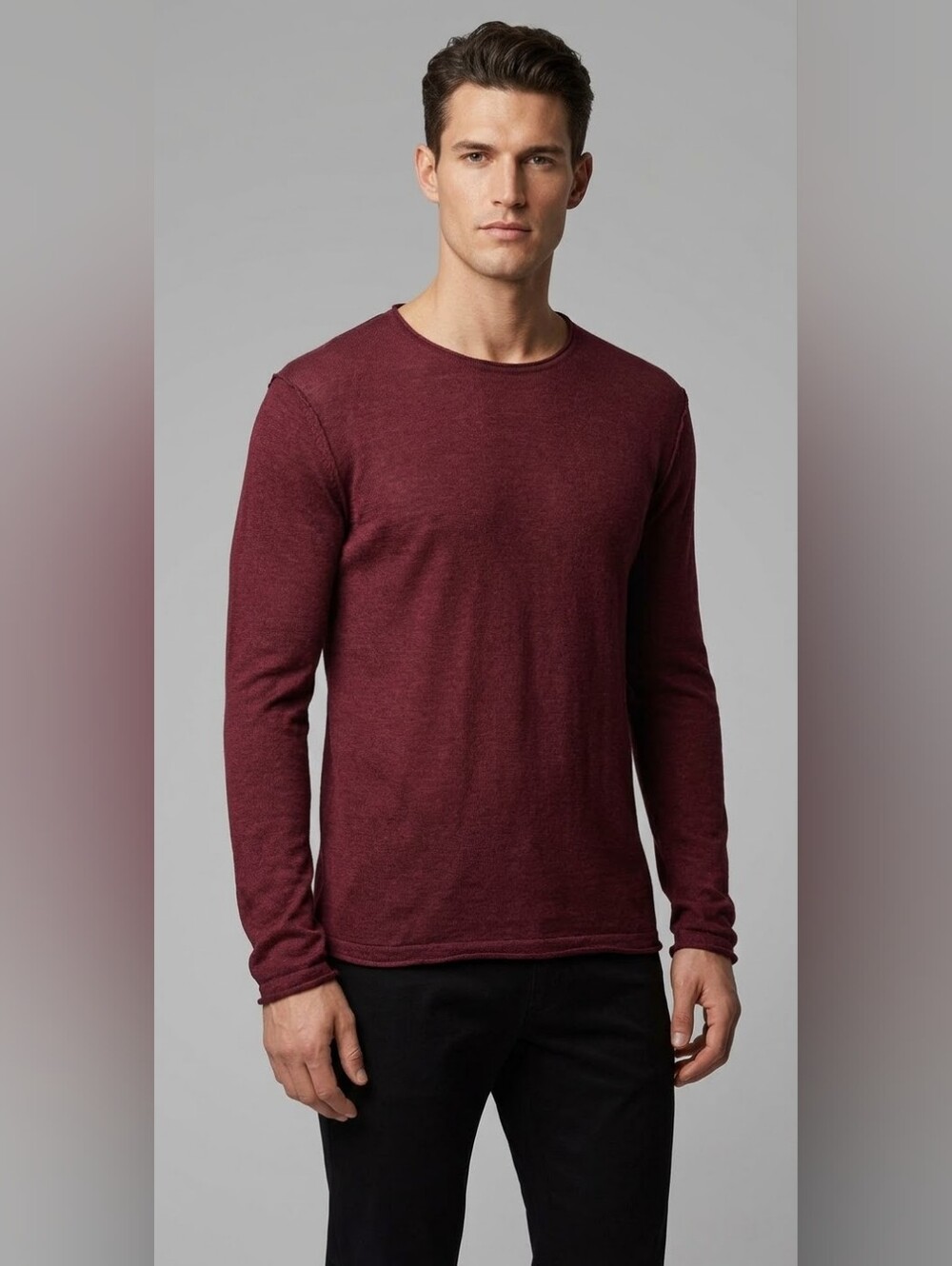 ​BOSS Hugo Boss Kwamero Mens XL Burgundy Thin Cotton Knit Raw Hem Sweater